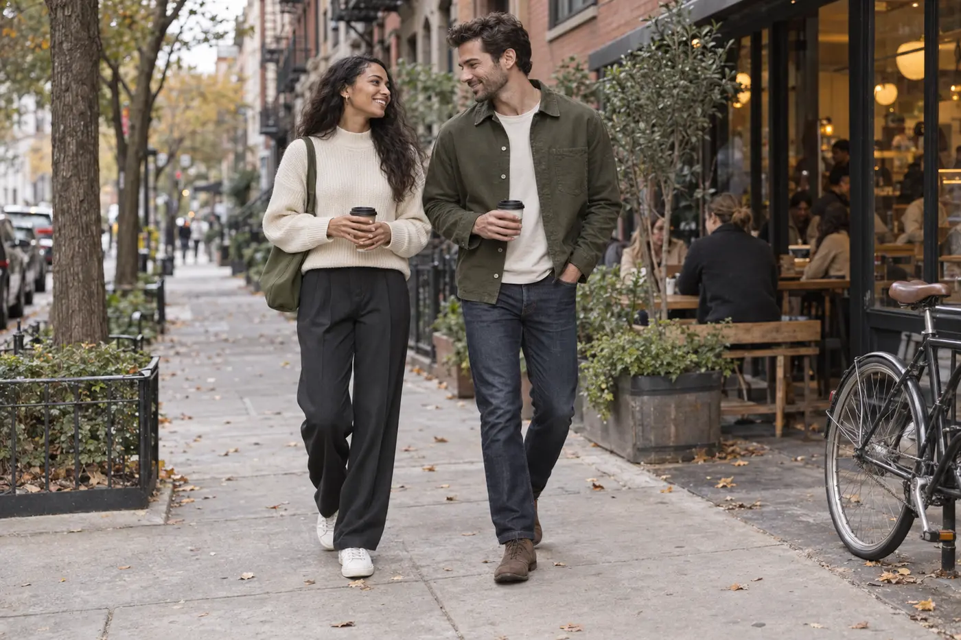 A couple wearing coordinated cream, olive and charcoal outfits