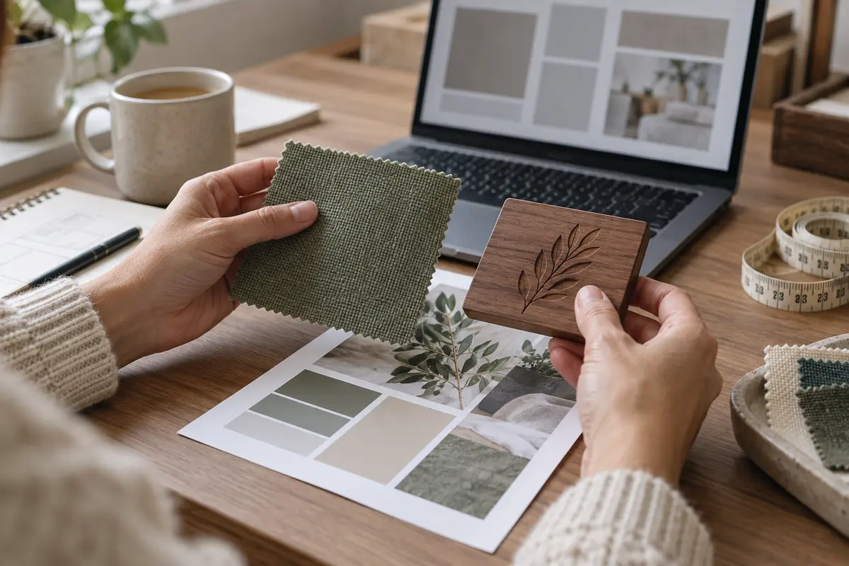 Hands comparing fabric, wood engraving and printed color samples before ordering a personalized gift