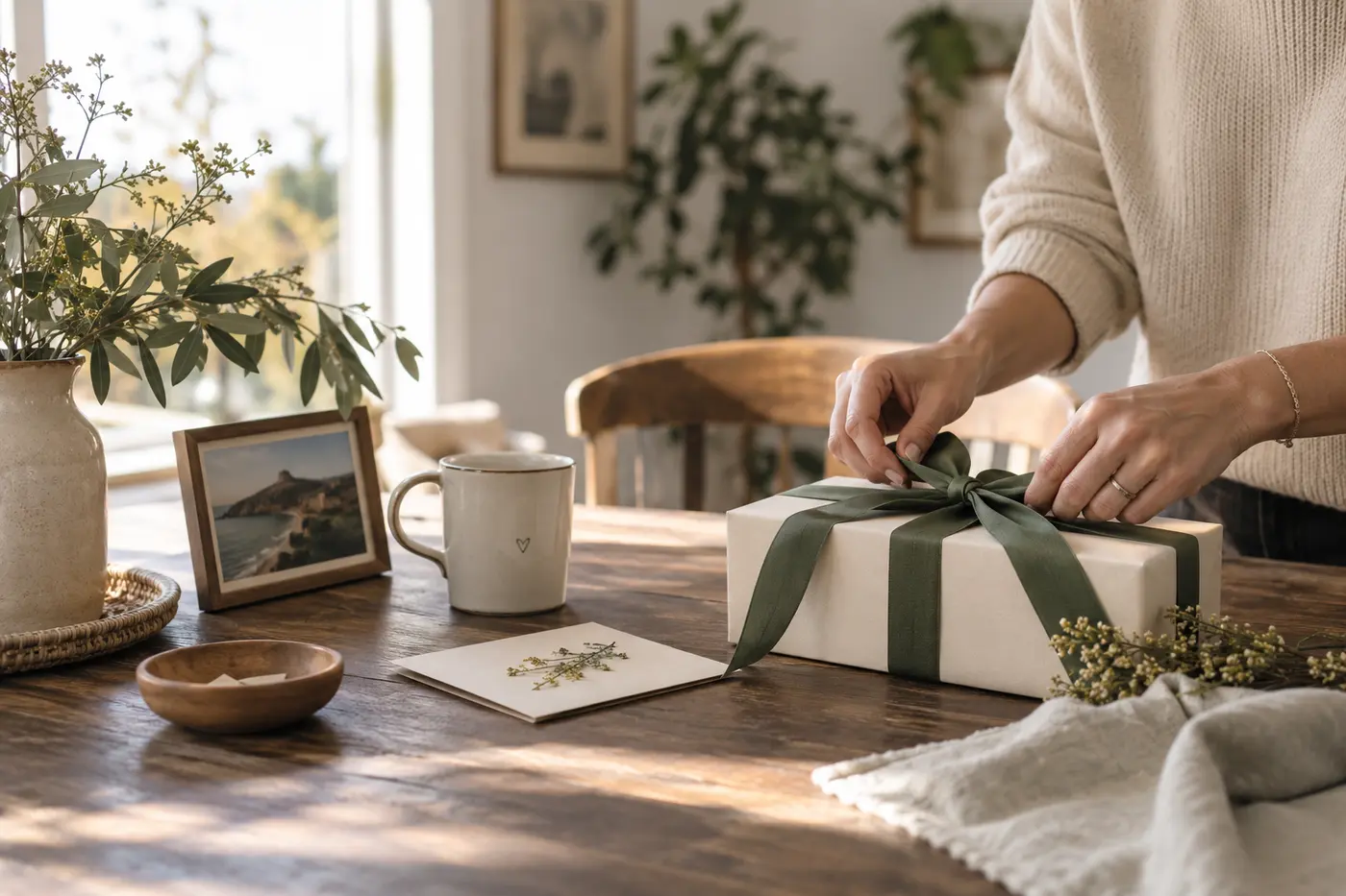 A personalized gift being wrapped with a sage ribbon beside a framed travel photograph
