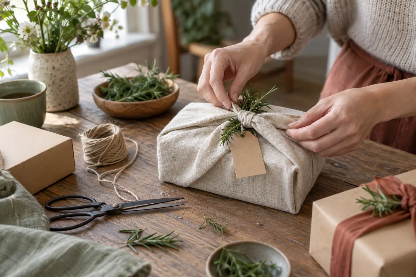 A gift wrapped in reusable linen with rosemary and a recycled paper tag