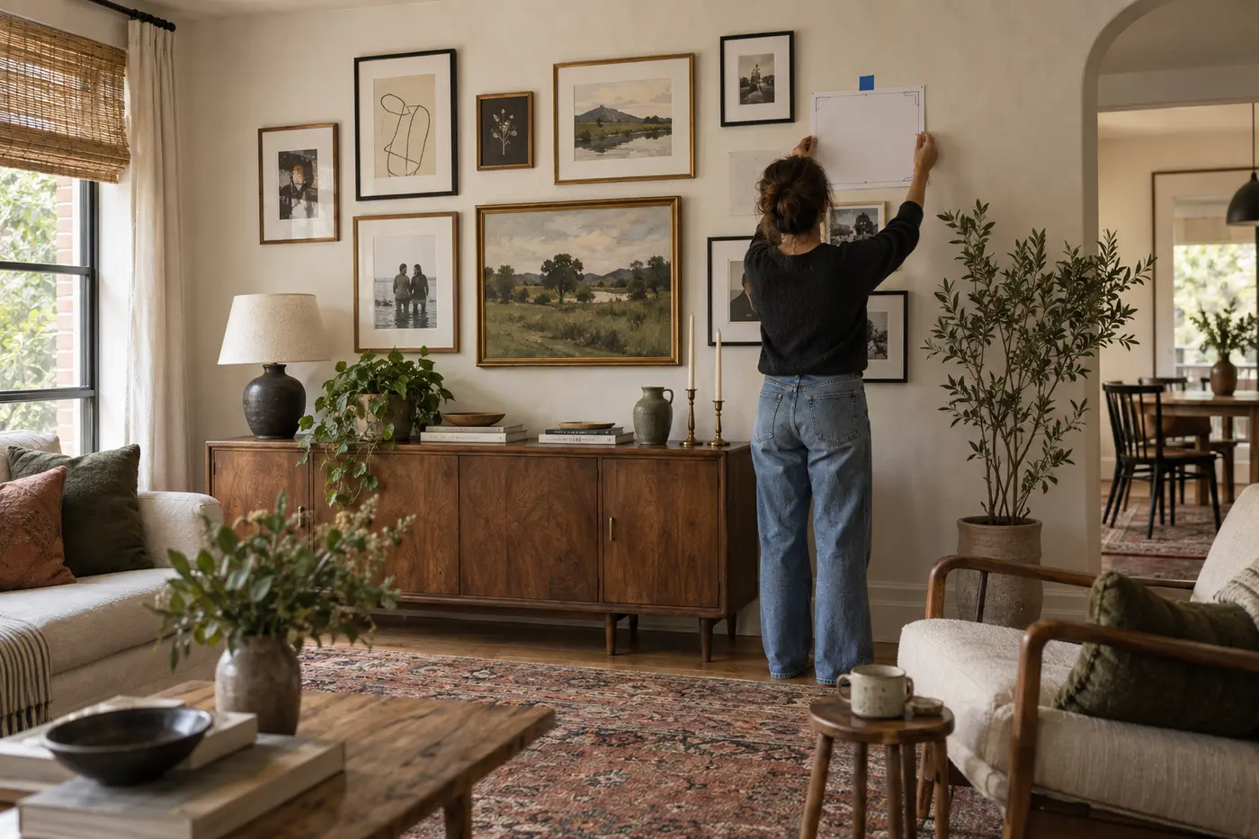 A person planning a collected gallery wall in a warm living room