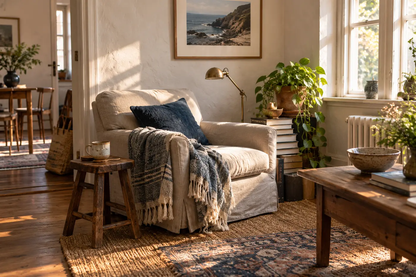 A warm lived-in reading corner with books, art and natural materials