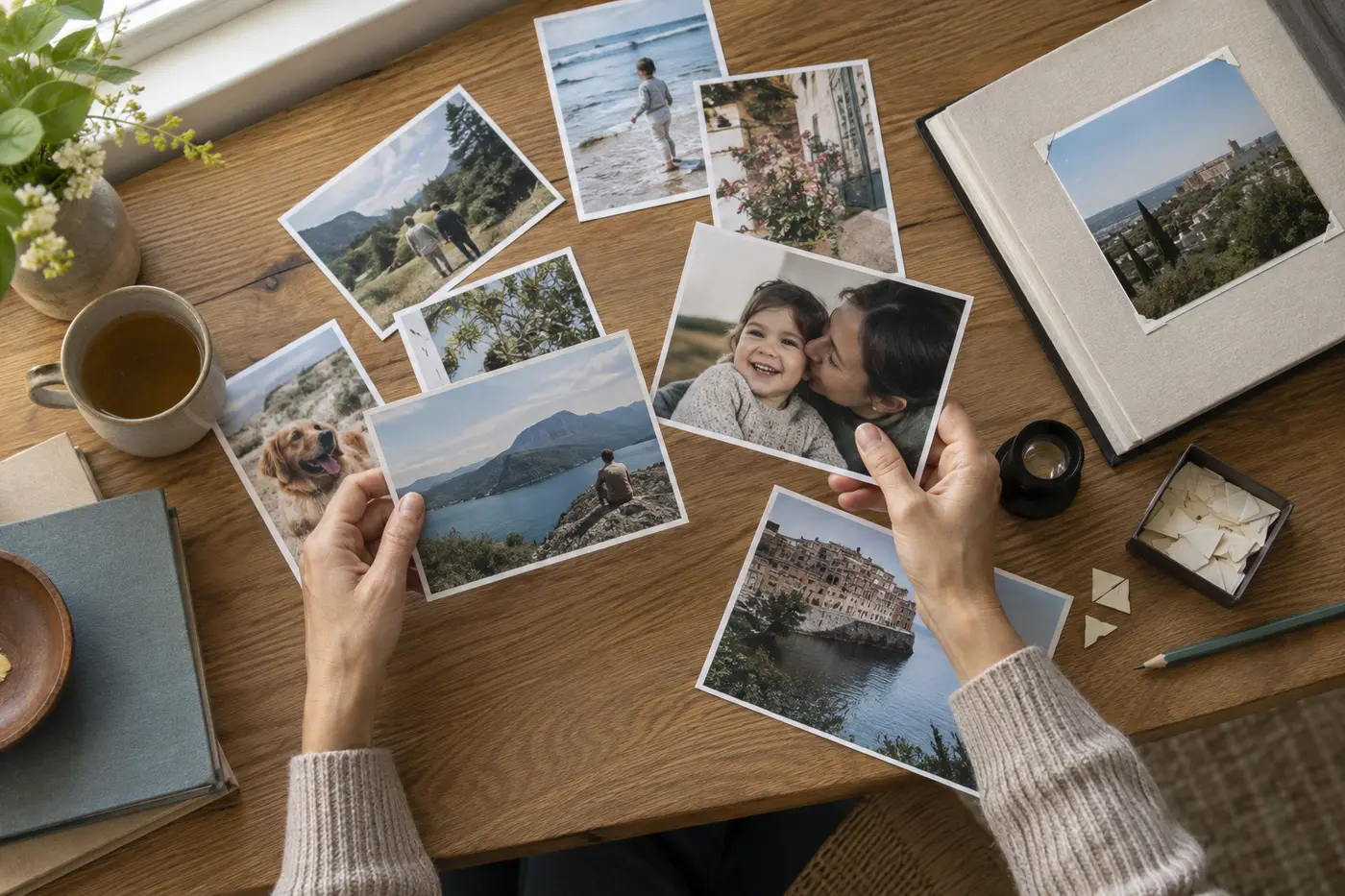 A person selecting family and travel photographs for printing